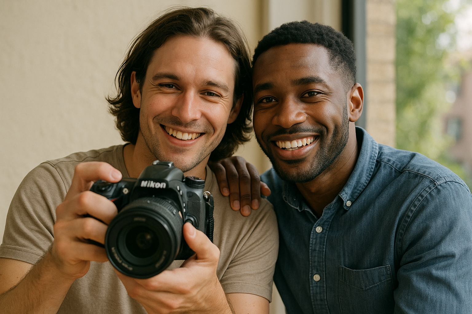 image de deux personnes qui se prennent en photo avec un appareil photographie Nikonc